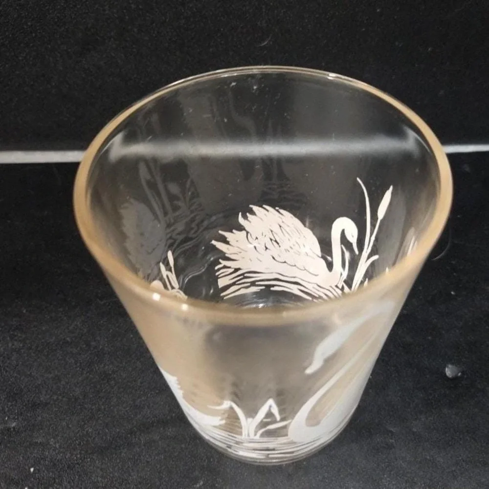 Swan Design Etched Lowball Tumbler,‎ Vintage Mid-Century Glass, Light Pink Tint